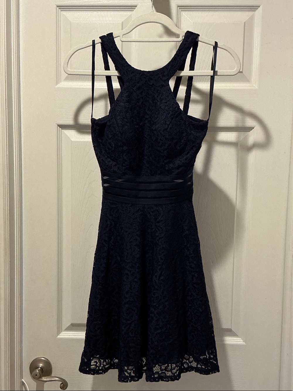 Macy's Navy Lace Fit & Flare Mini Dress with Strappy Back